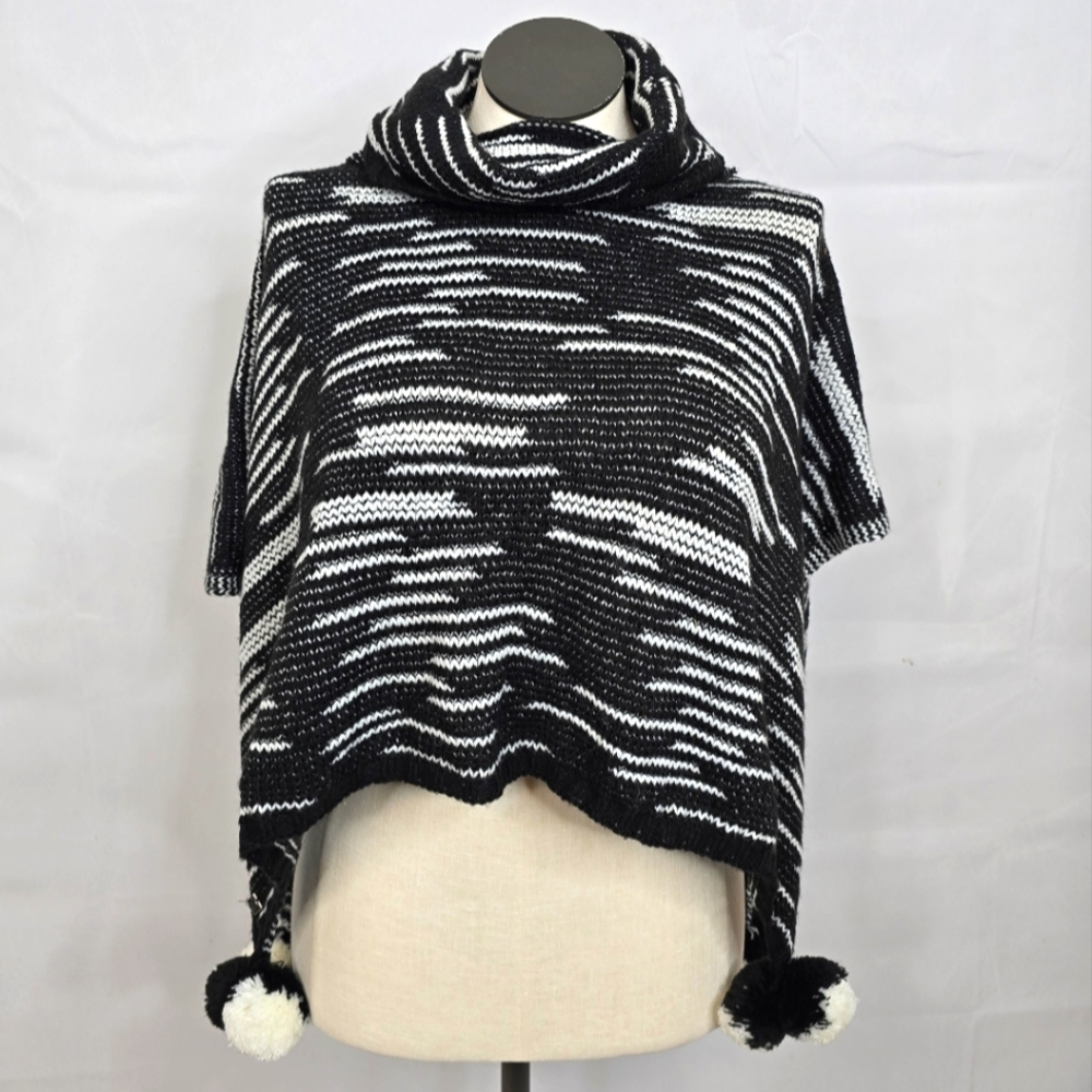 Libby Edelman Black & White Cowl Neck Pom Pom Sweater Poncho One Size